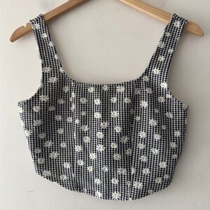 Baevely Gingham Black and White Plaid Daisy Print Crop Top